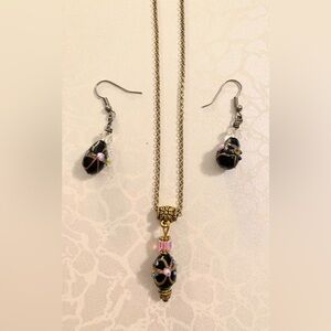 Gold-Tone Necklace & Black Bead Drop Earrings Set with Pink Accents